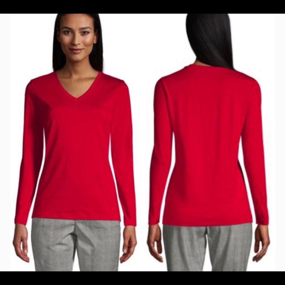 Lands End All Cotton V Neck T-Shirt in Wild Cherry